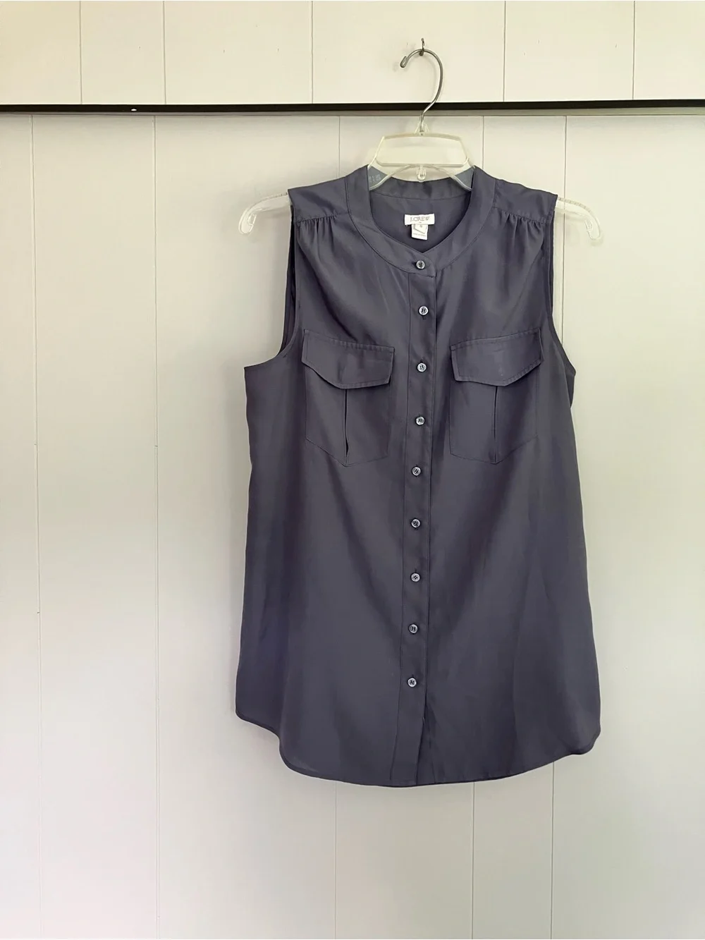 J. Crew Sleeveless Button-Front Blouse Gray Mandarin Collar